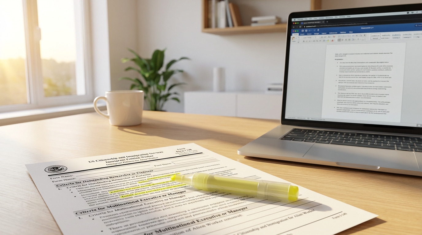 Professional workspace with immigration documents and laptop showing a visa eligibility screening