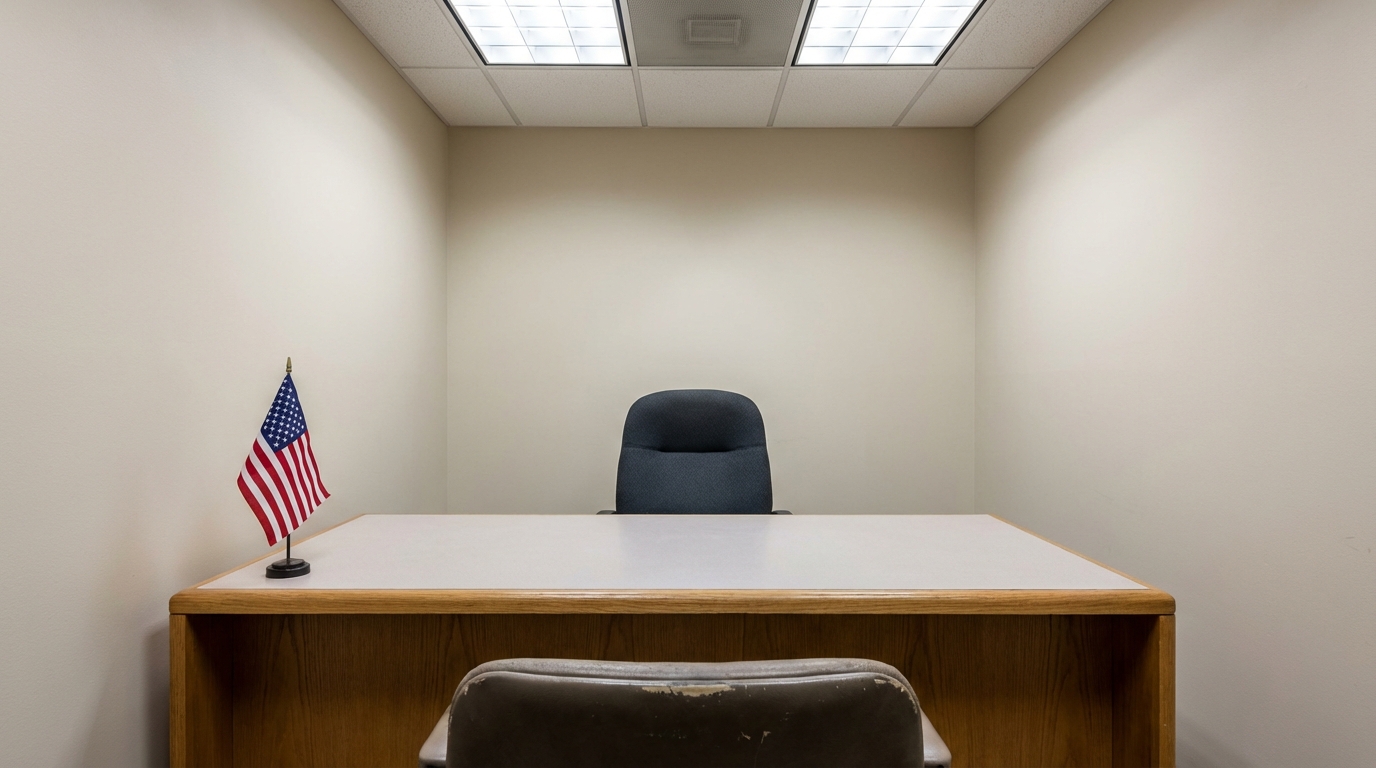 US consulate interview room with glass partition and desk